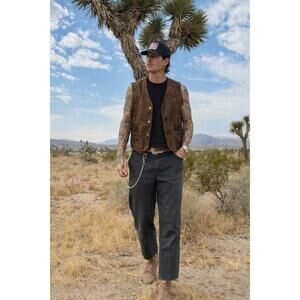 Vintage Brown Leather Biker Vest Eagle Embossed Western Festival Moto Harley Y2K